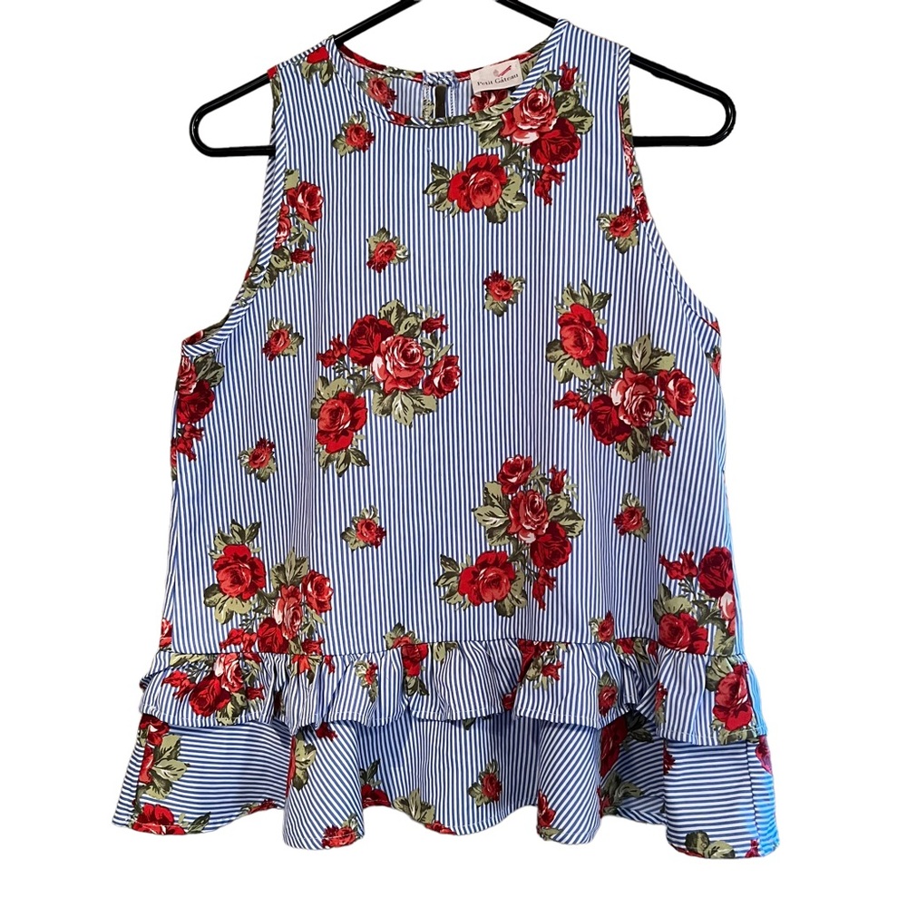 Petit Gateau Striped Floral Print Peplum/Ruffle Style Sleeveless Top M